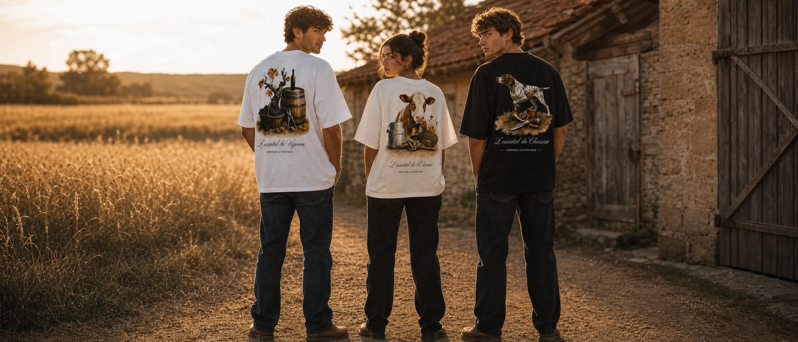 Trois personnes de dos portant les t-shirts Héritage Authentique — Le Vigneron, L'Éleveur et Le Chasseur — devant une ferme en pierre au coucher du soleil