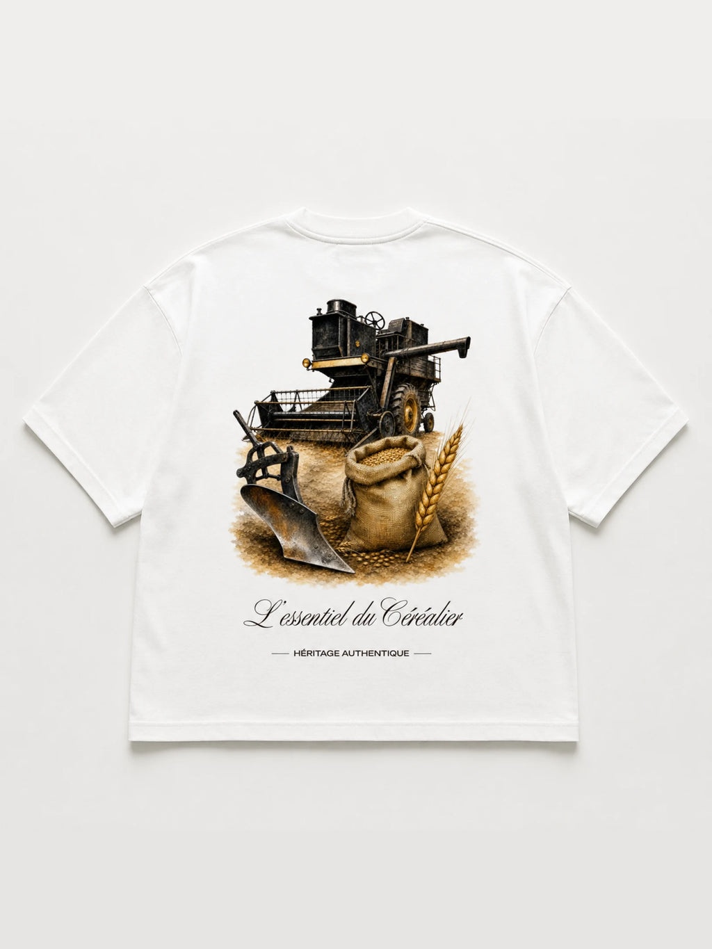 T-shirt blanc Le Céréalier – illustration moissonneuse-batteuse, sac de blé et charrue, collection Les Essentiels Héritage Authentique