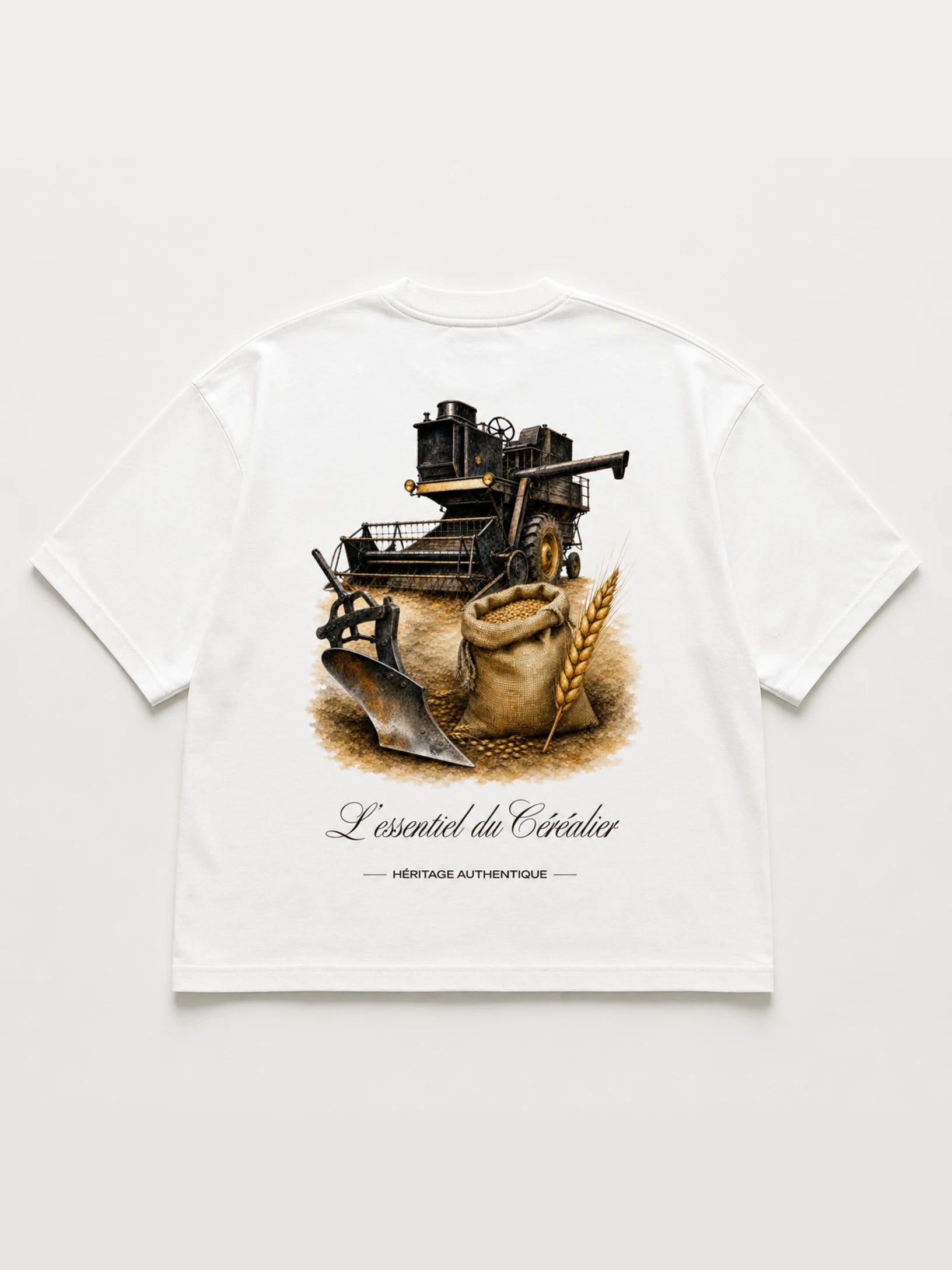 T-shirt blanc Le Céréalier – illustration moissonneuse-batteuse, sac de blé et charrue, collection Les Essentiels Héritage Authentique