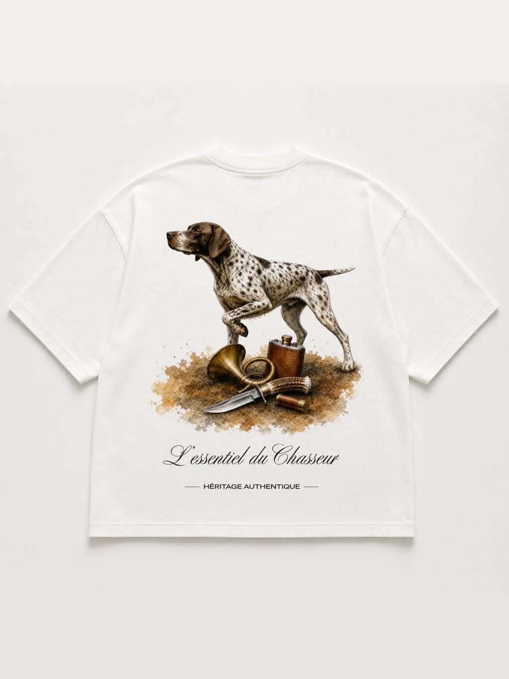 T-shirt blanc Le Chasseur – illustration chien d'arrêt, cor de chasse et couteau, collection Les Essentiels Héritage Authentique