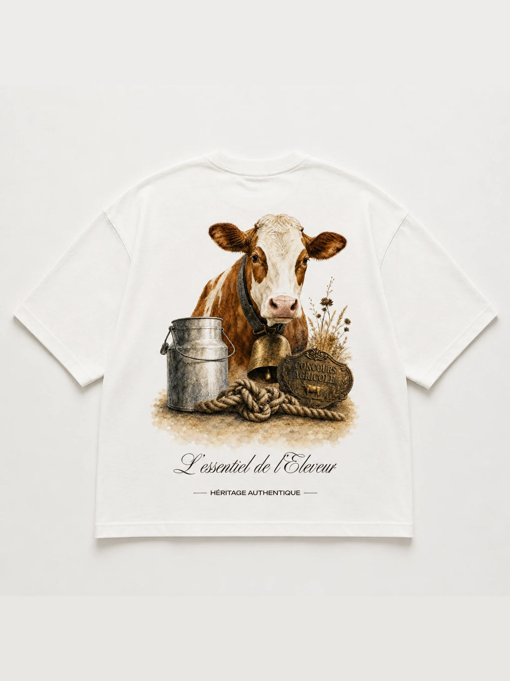 T-shirt blanc L'Éleveur – illustration vache, cloche, bidon de lait et plaque Concours Agricole, collection Les Essentiels Héritage Authentique
