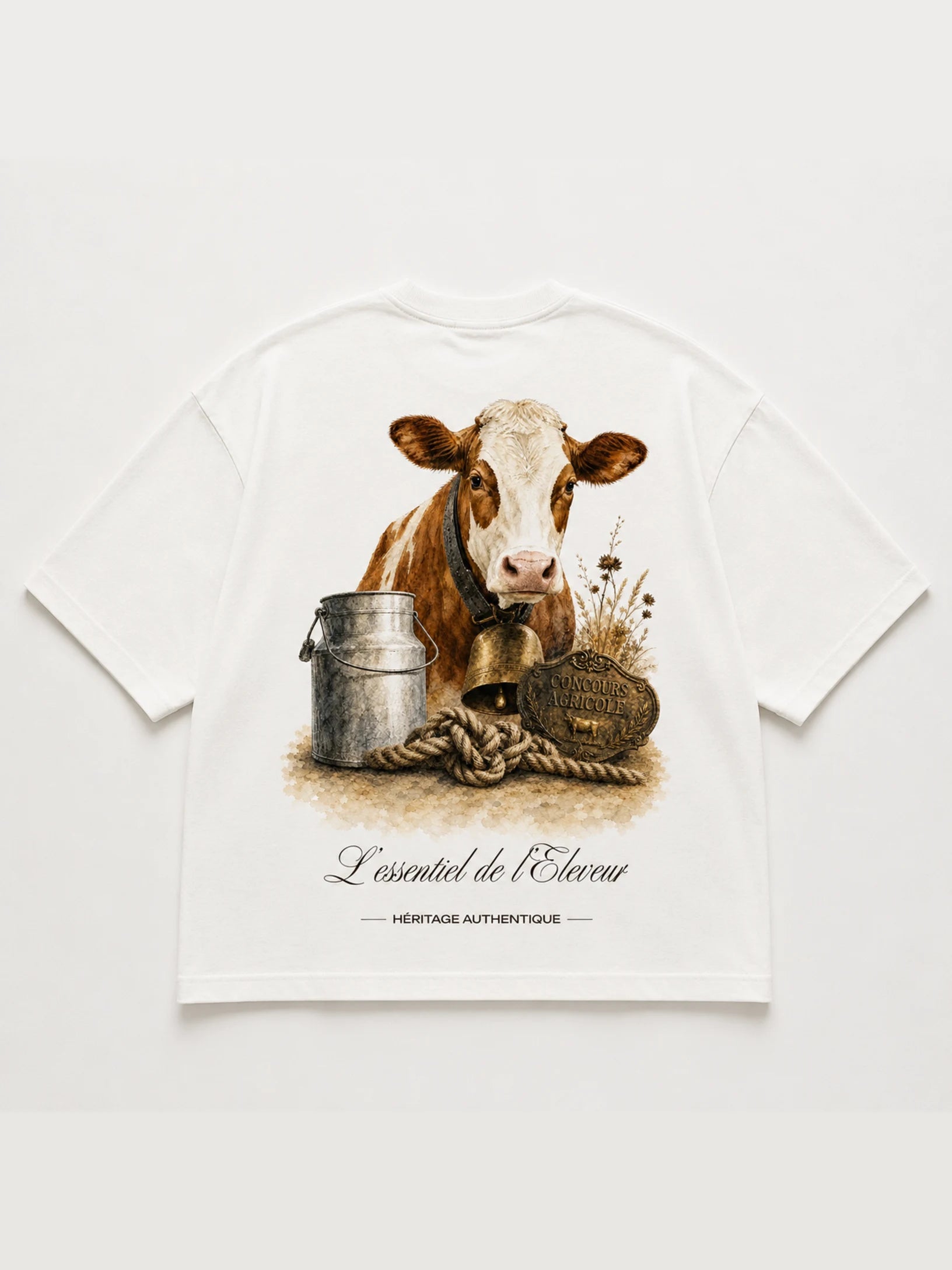 T-shirt blanc L'Éleveur – illustration vache, cloche, bidon de lait et plaque Concours Agricole, collection Les Essentiels Héritage Authentique