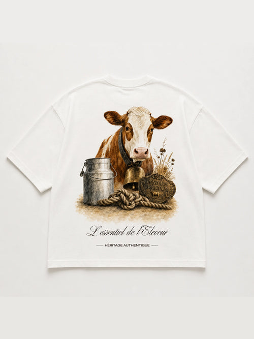 T-shirt blanc L'Éleveur – illustration vache, cloche, bidon de lait et plaque Concours Agricole, collection Les Essentiels Héritage Authentique