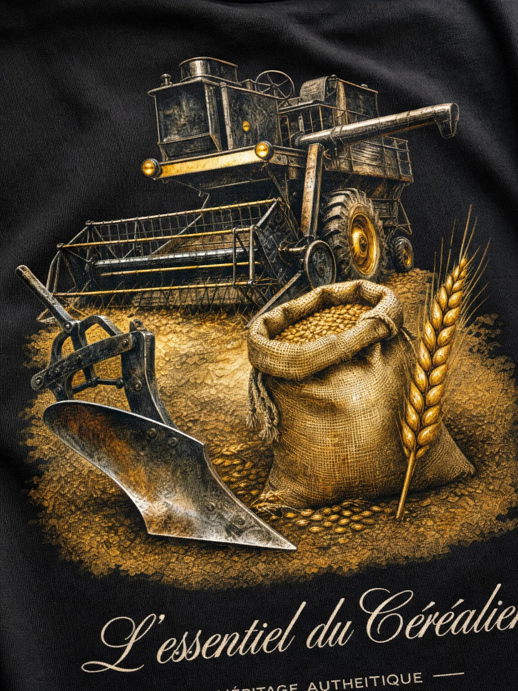 T-shirt noir Le Céréalier, gros plan sur l'illustration à l'aquarelle – Héritage Authentique