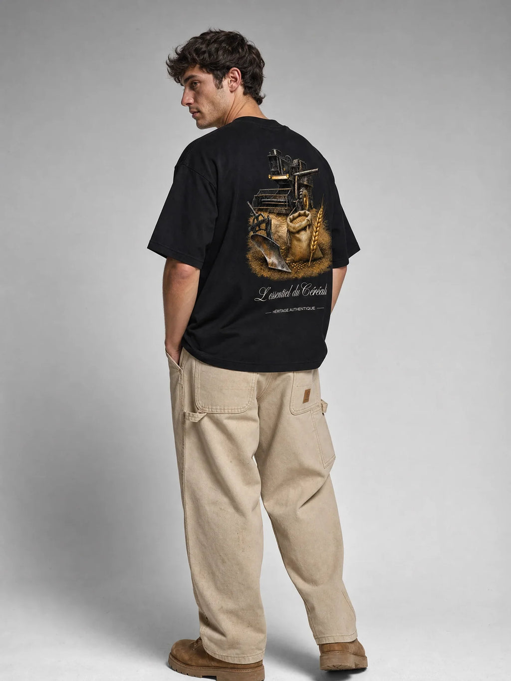 T-shirt noir Le Céréalier, vue trois-quarts – coton épais 240 g/m², Héritage Authentique
