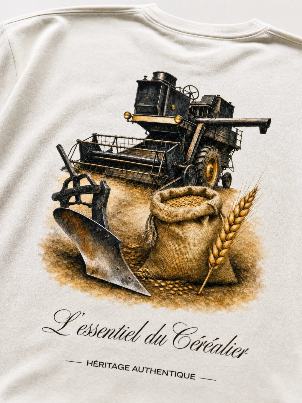 T-shirt blanc Le Céréalier, gros plan sur l'illustration à l'aquarelle – Héritage Authentique