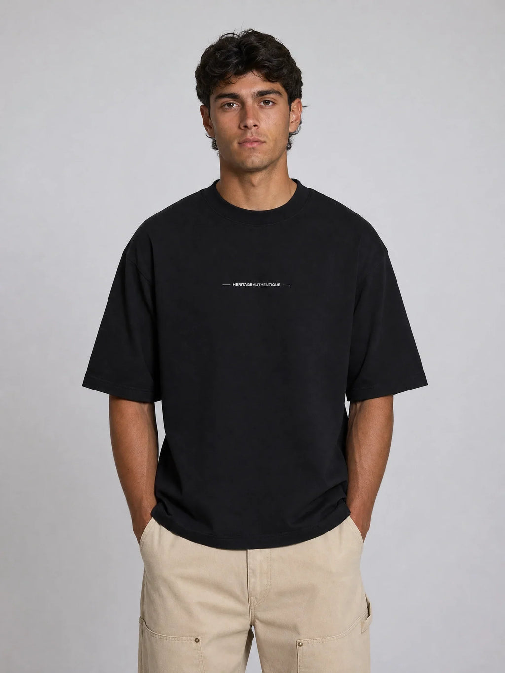 T-shirt noir Le Chasseur, vue de face – coton épais 240 g/m², Héritage Authentique