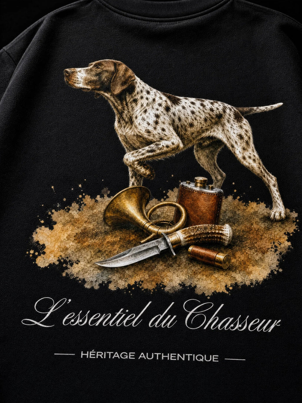 T-shirt noir Le Chasseur, gros plan sur l'illustration à l'aquarelle – Héritage Authentique