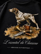 T-shirt noir Le Chasseur, gros plan sur l'illustration à l'aquarelle – Héritage Authentique