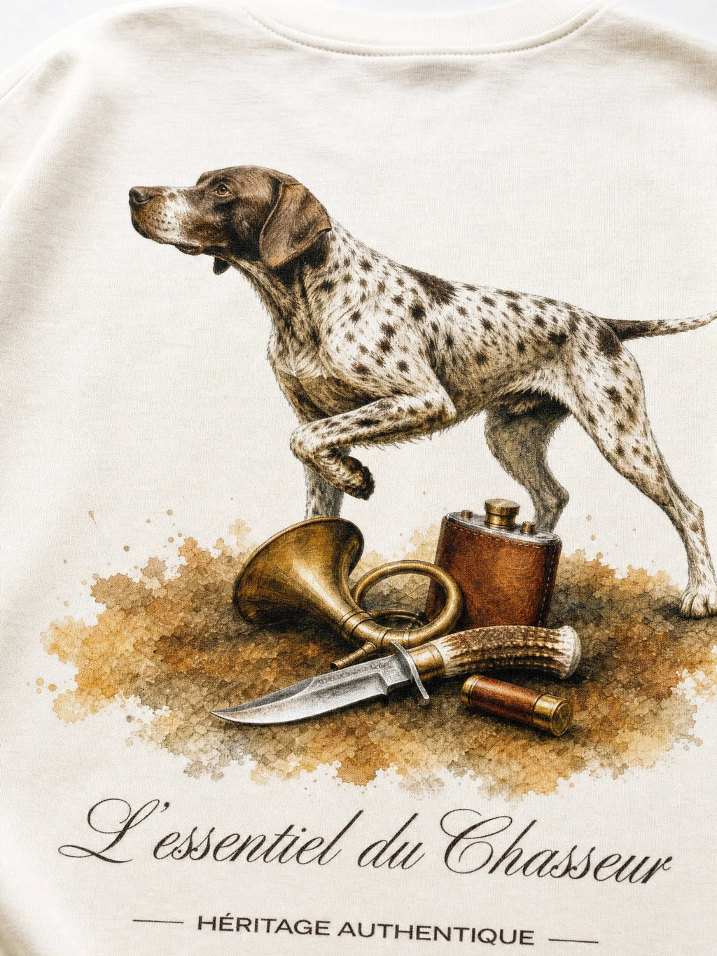 T-shirt blanc Le Chasseur, gros plan sur l'illustration à l'aquarelle – Héritage Authentique