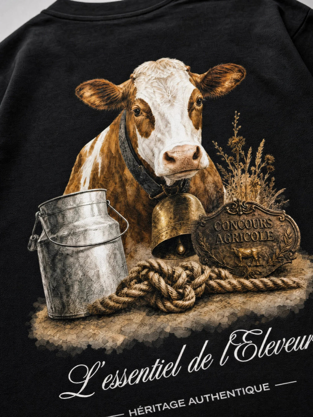 T-shirt noir L'Éleveur, gros plan sur l'illustration à l'aquarelle – Héritage Authentique