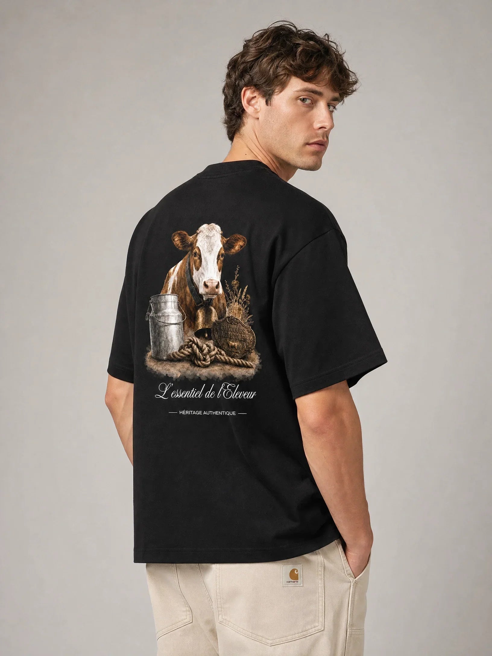 T-shirt noir L'Éleveur, vue trois-quarts – coton épais 240 g/m², Héritage Authentique