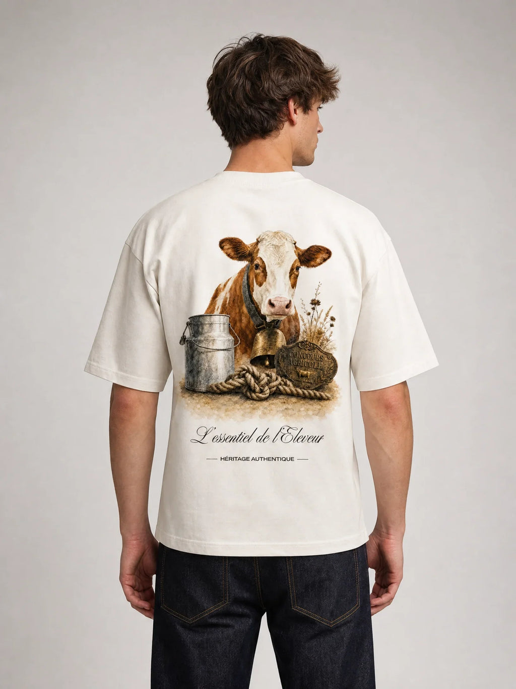 T-shirt blanc L'Éleveur, dos illustré vache, cloche et bidon de lait – Héritage Authentique