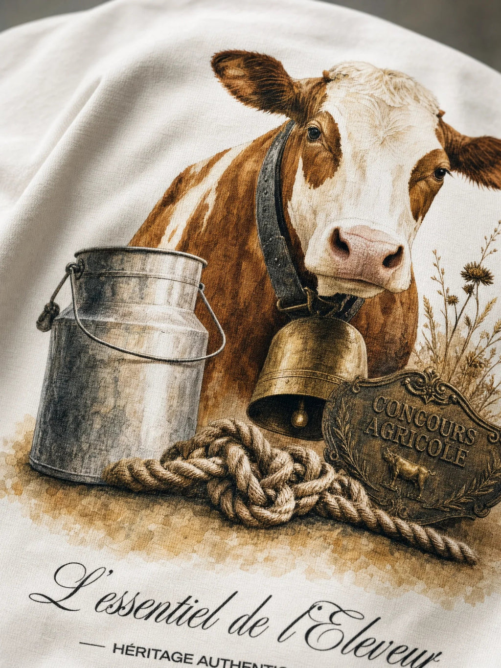 T-shirt blanc L'Éleveur, gros plan sur l'illustration à l'aquarelle – Héritage Authentique