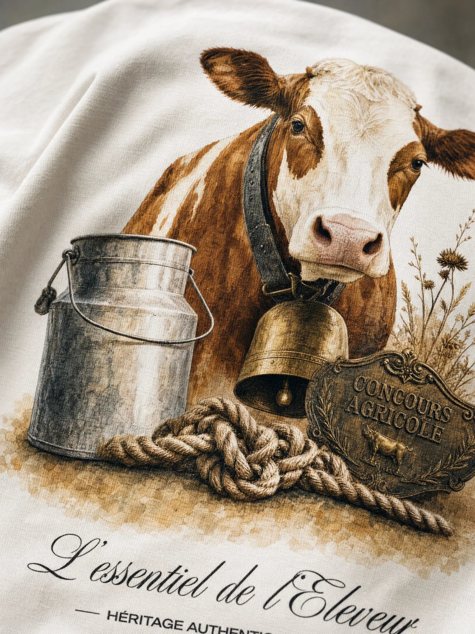 T-shirt blanc L'Éleveur, gros plan sur l'illustration à l'aquarelle – Héritage Authentique