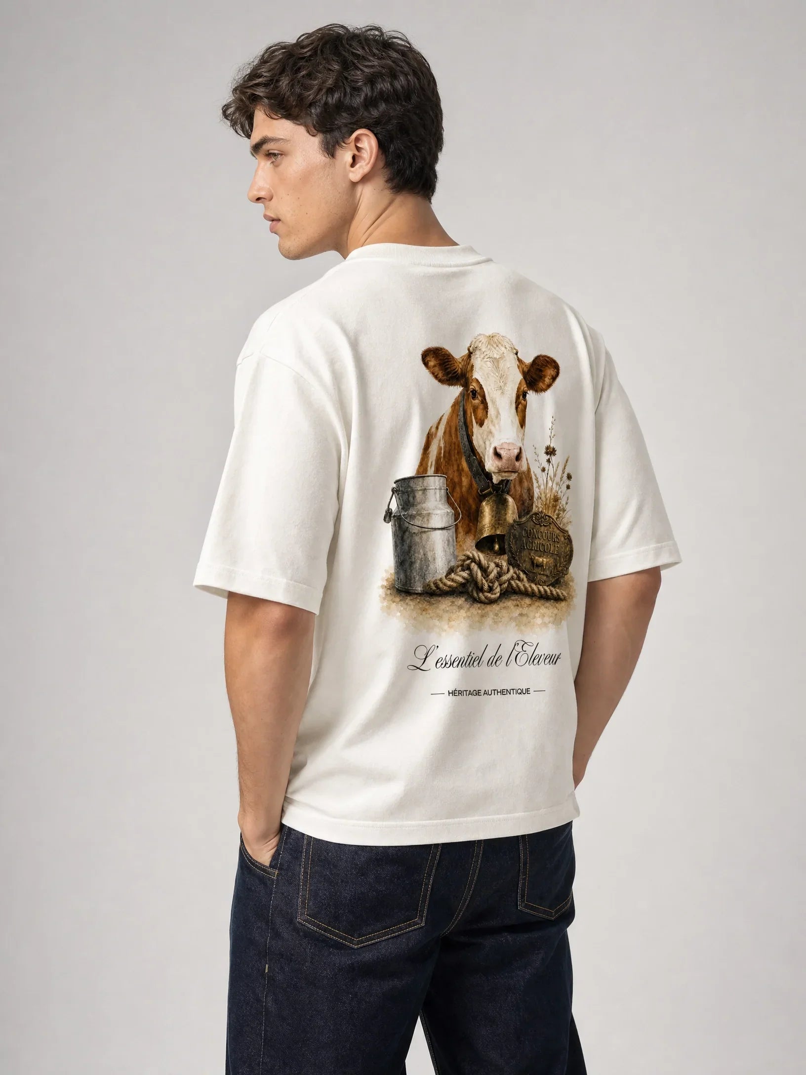 T-shirt blanc L'Éleveur, vue trois-quarts – coton épais 240 g/m², Héritage Authentique