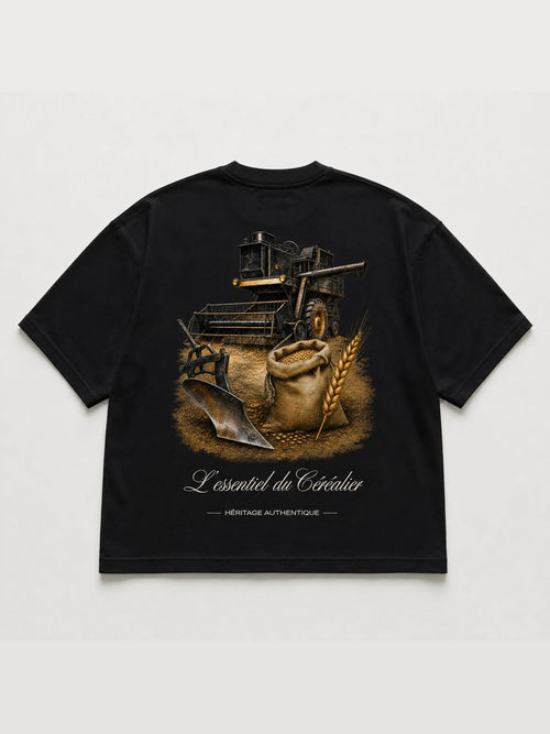 T-shirt noir Le Céréalier – illustration moissonneuse-batteuse, sac de blé et charrue, collection Les Essentiels Héritage Authentique