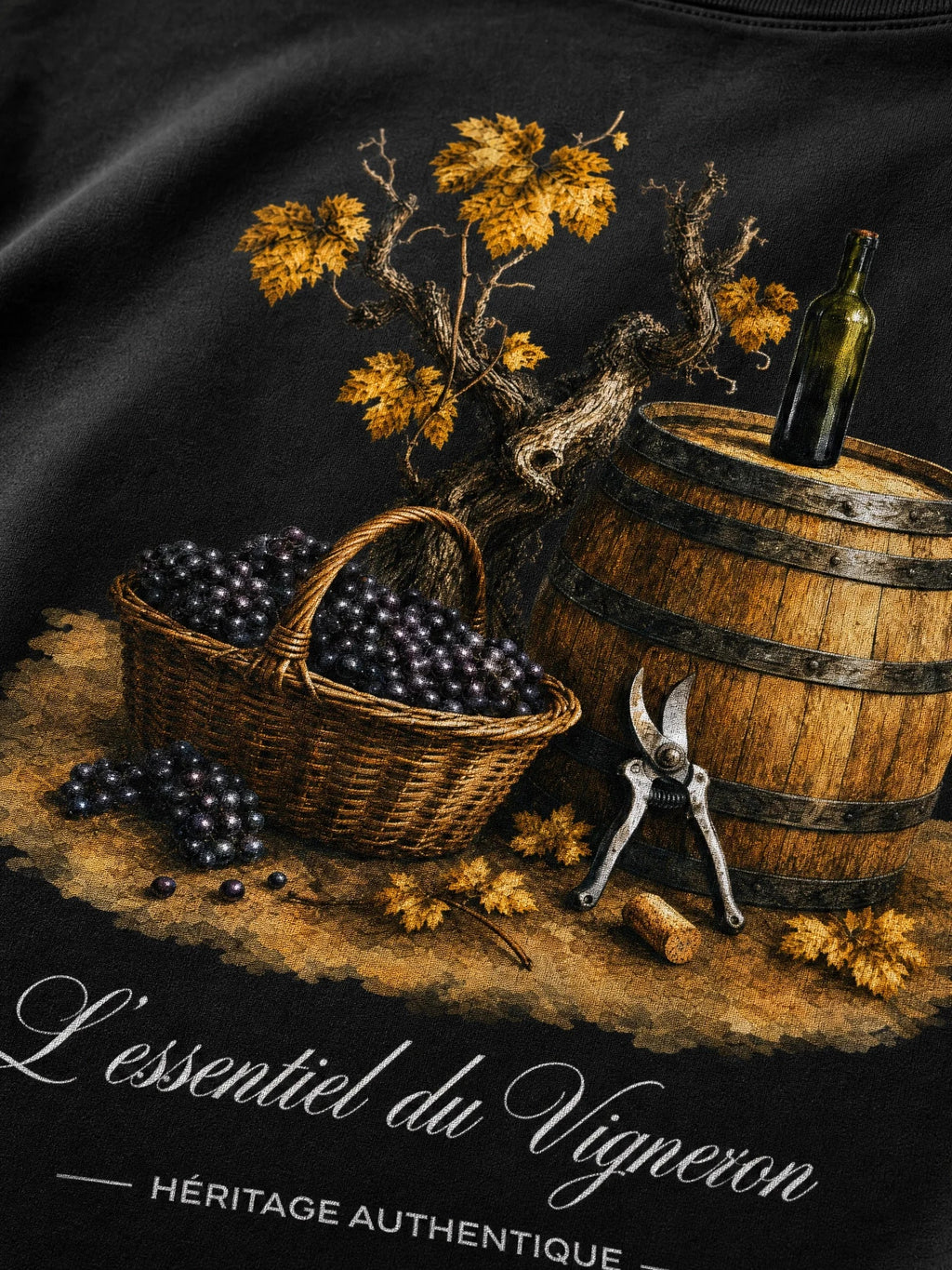 T-shirt noir Le Vigneron, gros plan sur l'illustration à l'aquarelle – Héritage Authentique