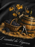 T-shirt noir Le Vigneron, gros plan sur l'illustration à l'aquarelle – Héritage Authentique